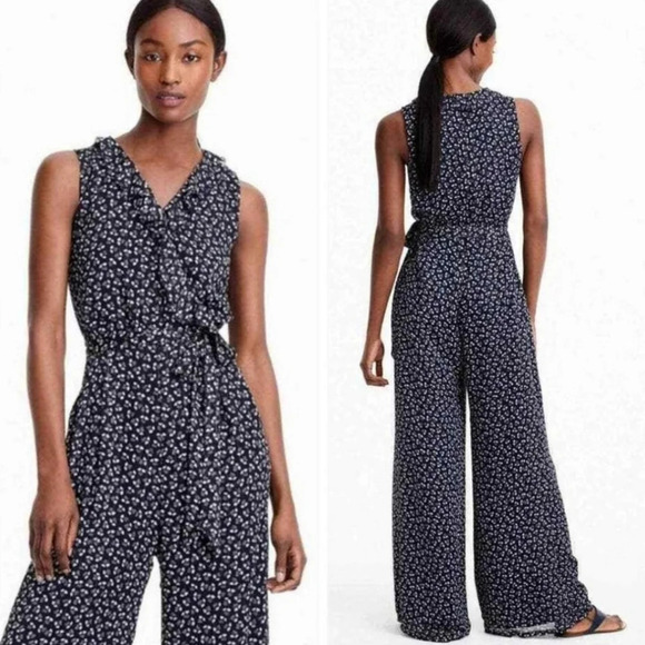 J. Crew Point Sur Sparkle Indigo Floral Jumpsuit Size 8 Ditsy Floral Ruffle trim - Picture 1 of 8